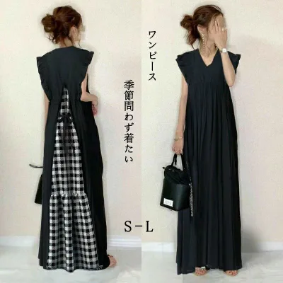 ワンピース レディース 夏 きれいめ ノースリーブ Vネック チェック チェック柄 薄手 細見え 着痩せ 体型カバー ロングワンピー
