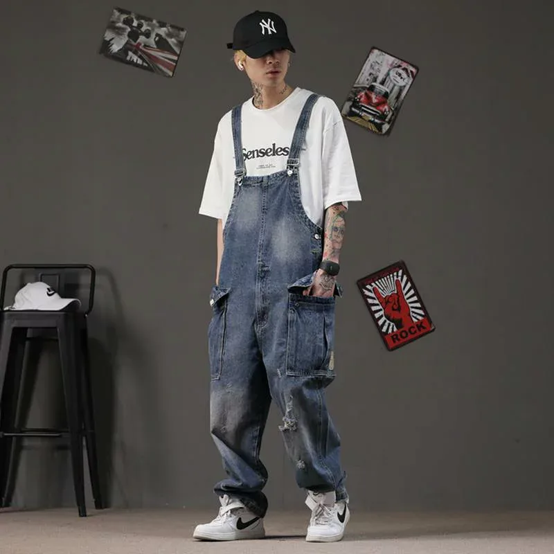 オーバーオール メンズ デニム レトロ ストレート ヒップホップ ルーズ 韓国 サスペンダー ハイウエスト ダメージ加工 春夏 秋冬 ポケット ロング 大きいサイズ 青