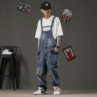 オーバーオール メンズ デニム レトロ ストレート ヒップホップ ルーズ 韓国 サスペンダー ハイウエスト ダメージ加工 春夏 秋冬 ポケット ロング 大きいサイズ 青