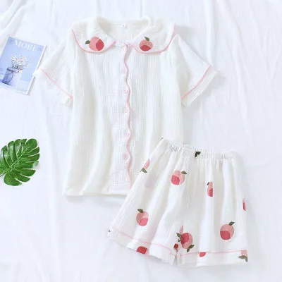 ガーゼ パジャマ レディース 夏 涼しい 快適 春 薄手 半袖 ショートパンツ 綿 二重 かわいい ルームウェア 部屋着 セット フルーツ 前開き ウエストゴム