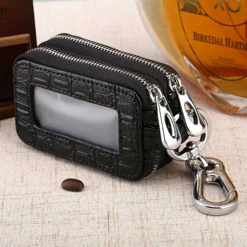 キーケース メンズ レディース 革 牛革 クロコダイル柄 型押し スマートキーケース ダブルファスナー 2層式 大容量 二つ折り コンパクト 車鍵入れ ビジネス カジュアル ブラック ブラウン ピンク