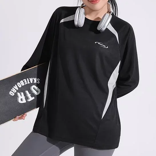 Tシャツ トップス レディース スポーティ おしゃれ 大きいサイズ 長袖 ラウンドネック 柔らかい 通気性 速乾 ストレッチ ゆったり 着痩せ 細見え スポーツウェア ダンス ランニング フィットネス シンプル カジュアル ストリート 黒 青