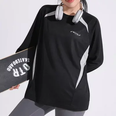 Tシャツ トップス レディース スポーティ おしゃれ 大きいサイズ 長袖 ラウンドネック 柔らかい 通気性 速乾 ストレッチ ゆったり 着痩せ 細見え スポーツウェア ダンス ランニング フィットネス シンプル カジュアル ストリート 黒 青