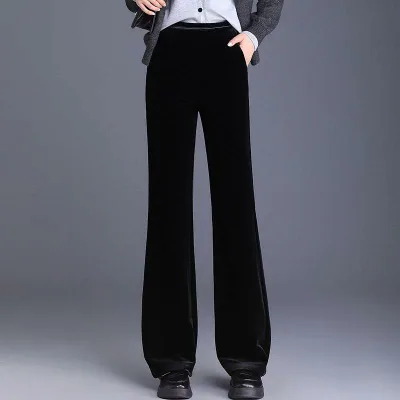 パンツ レディース フレア 秋冬 ベロア ベルボトム ハイウエスト 落ち感 ゆったり ストレート カジュアル 大きいサイズ 着痩せ 美脚 ロング丈 ズボン 伸縮性 厚手 ポケット 普段使い 通勤 高級感 ブルー ブラック