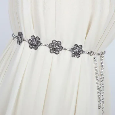 Waist Chain Women's Belt Metal Ethnic Folk Style Retro Antique Carving Openwork Punk Rock Fashion Dress Decoration Dress Skirt 115cm Silver All Seasons