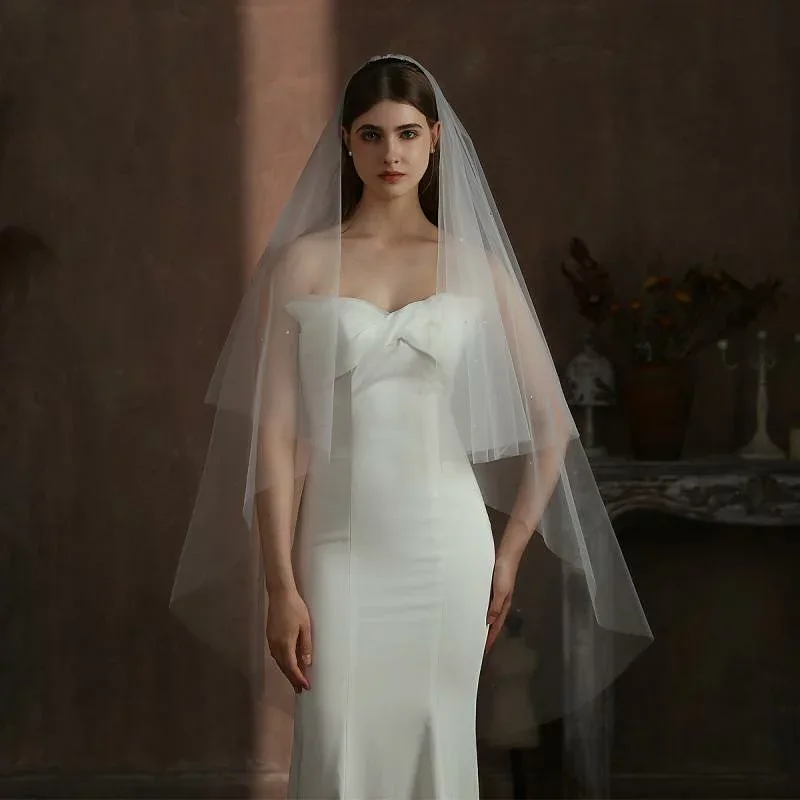 ウェディングベール レディース 白 オフホワイト 結婚式 披露宴 前撮り 2層 ロング丈 コーム ジルコニア ラインストーン ビジュー ナイロン ブライダル 高級感 花嫁 ロケーションフォト ヘアアクセサリー
