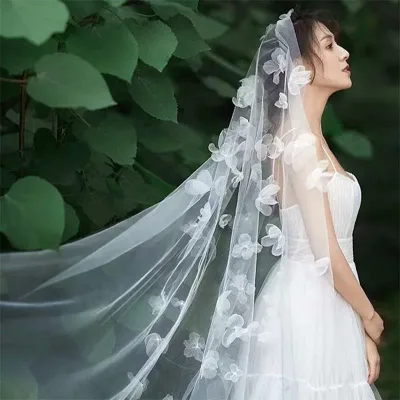 Wedding veil for ladies, bride, bridal, wedding, pre-wedding photoshoot, simple, natural, elegant, neat, retro, hair ornament, accessory, accessory, delicate, 2m, long, flower, cloth, for photography