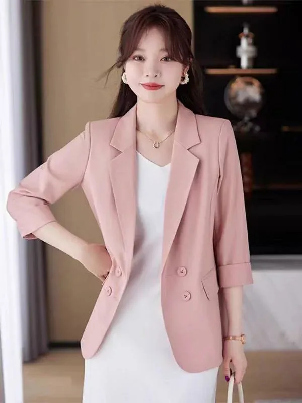 テーラードジャケット レディース ブレザー アウター 春夏 七分袖 ボタン スリム ポリエステル 無地 通勤 ビジネス オフィスカジュアル きれいめ 上品 高級感 シンプル ライトブルー ピンク ブラック