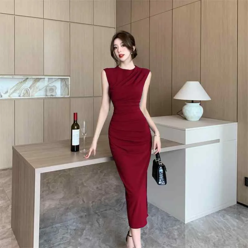 ワンピース レディース 春夏 ペンシルスカート ハイウエスト 丸首 ノースリーブ 膝丈 ギャザー 無地 ポリエステル 通勤 オフィス きれいめ ボルドー ブルー