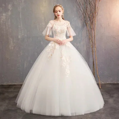 ウェディングドレス半袖花嫁挙式ブライダル二次会結婚式weddingdress披露宴ロングドレスフォーマルドレスセミオーダー/編み上げ