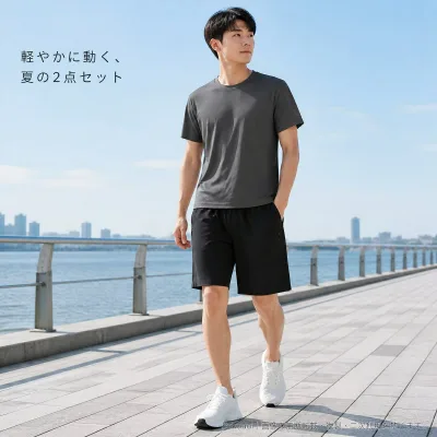 Men's Cool Short Sleeve T-Shirt, Half Pants, Top and Bottom Set, For Summer, Thin, Breathable, Stretch, Sports, Running, Cycling, Large Sizes L~8XL