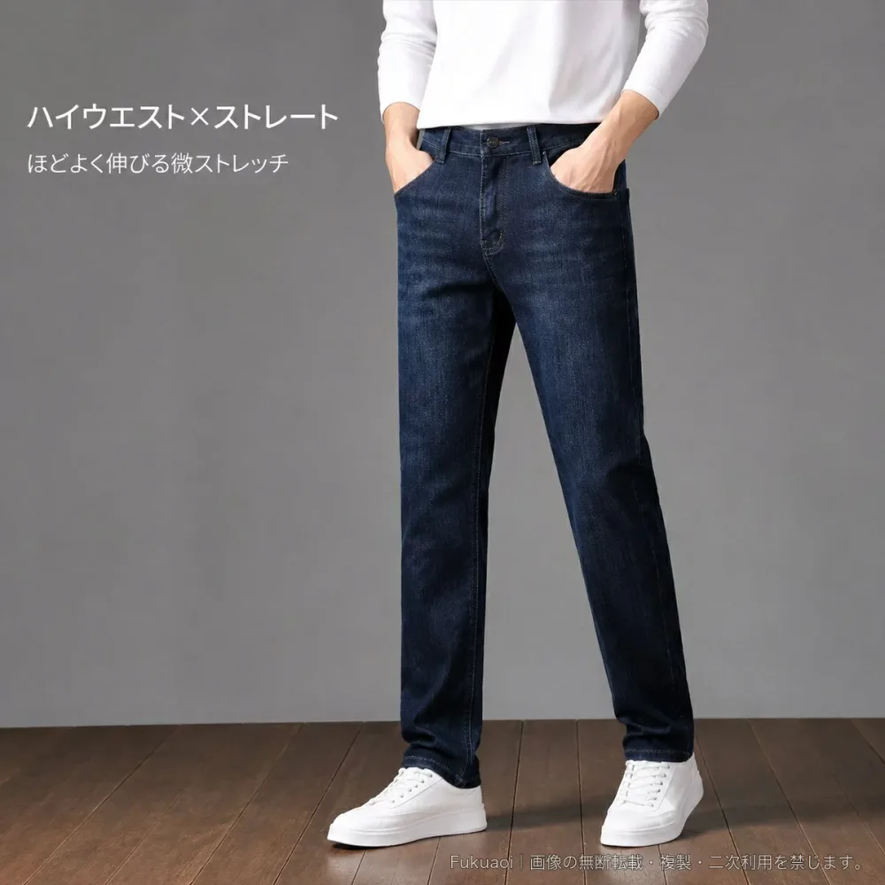 メンズ ハイウエスト ストレッチジーンズ ストレート ロングパンツ リヨセル混 微ストレッチ カジュアル 秋冬 ネイビー ブルーグレー サイズ29〜40