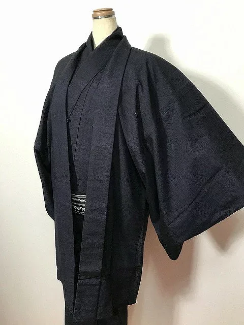 【中古】Lサイズ 男物 紬 正絹 濃紺無地アンサンブル 長襦袢セット