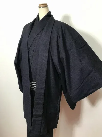 【中古】Lサイズ 男物 紬 正絹 濃紺無地アンサンブル 長襦袢セット