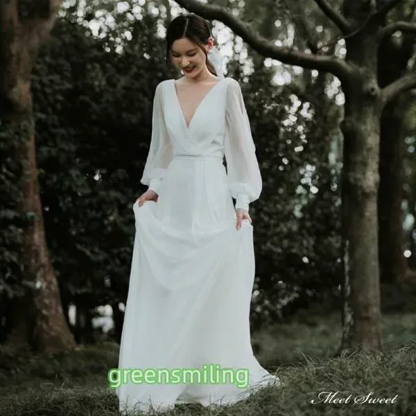ウェディングドレス ロングドレス スレンダードレス 長袖 ロングスリーブ Vネック 二次会 結婚式 前撮り 後撮り ブライダル 花嫁 ウエディングドレス