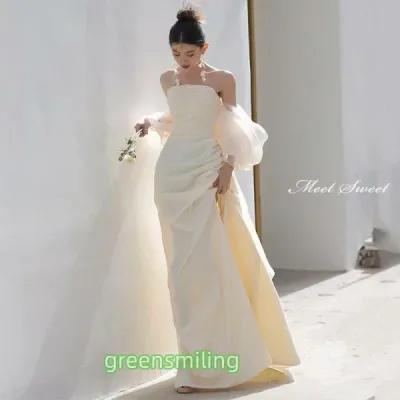 ウェディングドレス ウエディングドレス 二次会 結婚式 前撮り ブライダル ロングドレス 花嫁 スレンダードレス スレンダーラインドレス サテン ビスチェ 袖付き