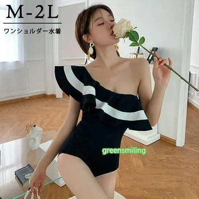 ワンショルダー 水着 ハイレグ レオタード水着 レディース 韓国 フリルショルダー エンジェルスリーブ ガール 体型カバー df201n1n1w9
