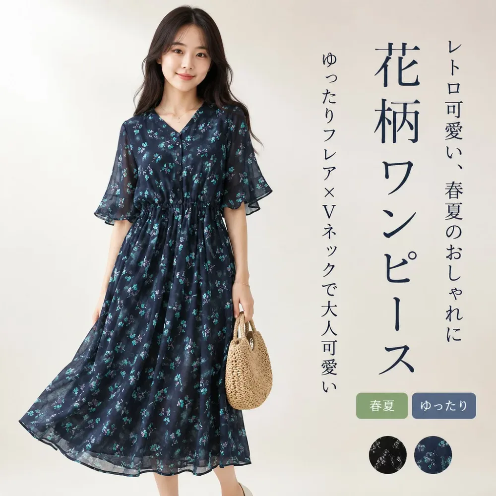 レディース 花柄 ワンピース ロング 半袖 vネック レトロ フレア aライン 総柄 ゆった 可愛い おしゃれ 春 夏 送料無料