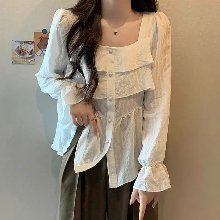 ティアードフリル レディース トップス ブラウス ゆったり ゆる ペンタゴンネック Aライン ミディアム丈 長袖 キャンディースリーブ 襟なし フリル ストライプ かわいい 大人可愛い きれいめ シンプル カジュアル 上品 おしゃれ こなれ感 キュート