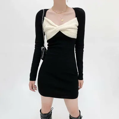 【FunnyBunny】 ワンピース ミニスカート 女性用 リボン 謝恩会 キュート ミニ 袖あり タイト スクエアネック デート ニット バレンタイン レディース 20代 お出かけ 10代 切り替えデザイン ラブリー 無地 長袖 クリスマス セクシー
