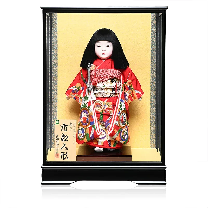 【元賀章介】【ひな人形】【市松人形】12号市松:正絹別染霞に紋柄衣装膝折座り市松:元賀章介作:ケース入り【浮世人形】