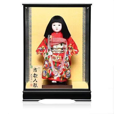 【元賀章介】【ひな人形】【市松人形】12号市松:正絹別染霞に紋柄衣装膝折座り市松:元賀章介作:ケース入り【浮世人形】