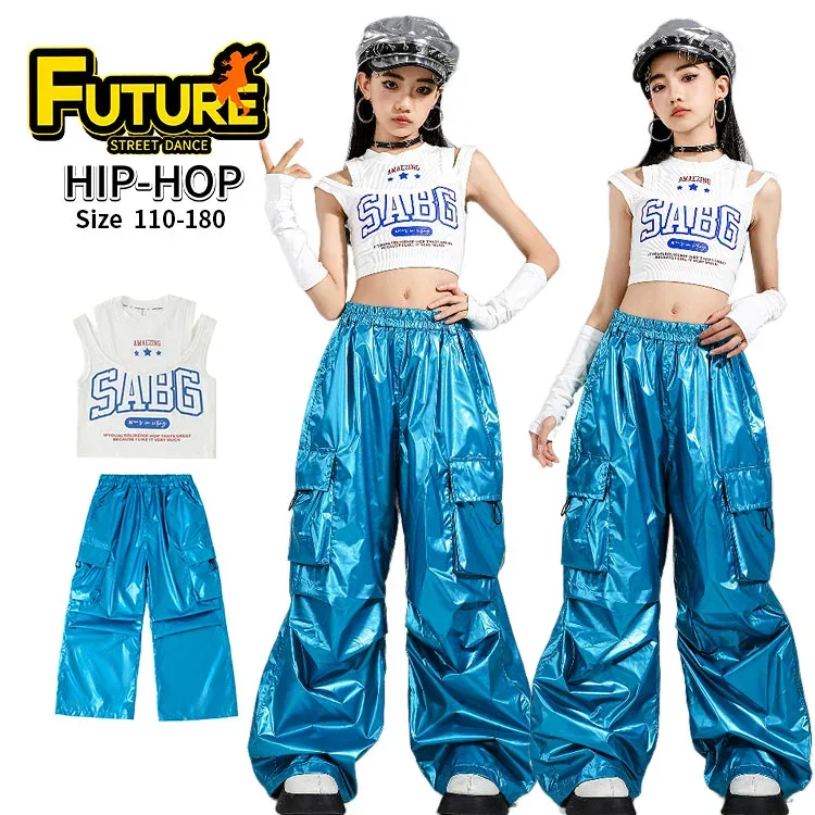 k-pop 衣装 キッズ へそ出し トップス ダンス衣装 女の子 セットアップ レザーパンツ 青 白 ジャズダンス 韓国 アイドル風 ワイドパンツ キャミソー ヒップホップ キッズダンス衣装 タンクトップ ダンスパンツ かっこいい ガールズ ダンスパンツ イベント 発表会 110 180cm