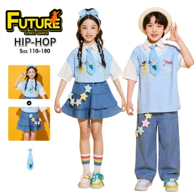 チアダンス 衣装 キッズ 小学生 応援団 可愛い ブルー キッズダンス衣装 セットアップ ダンス キッズ デニムスカート 女の子 パンツ 男の子 幼稚園 シャツ 半袖 ダンス 衣装 ヒップホップ 子供服 体操服 団体 演出服 発表会 女の子 男の子 ステージ衣装 ダンスウェア