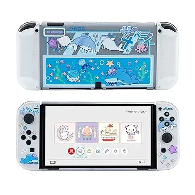 SwitchOLEDカバー nintendo switch oled対応 スイッチOLEDカバー Switch有機ELカバー 保護カバー 分体式カバー 全面保護 薄型 傷防止 汚れ防止 対応耐衝撃 取り外し簡単 サメパーティー(透明)