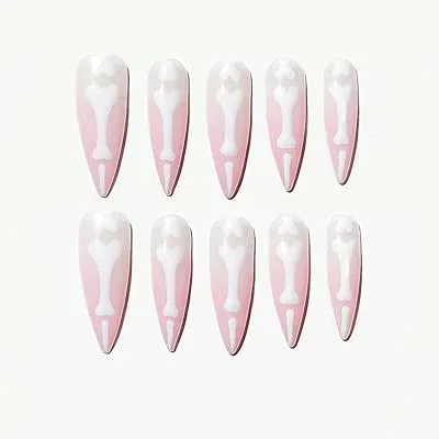 手作り ネイルチップ ロング アーモンド スティレット つけ爪 ピンク ホワイト 夜光 蓄光 骨の指 ハロウィン デザイン おしゃれ 付け爪 10枚入 (#127 M)