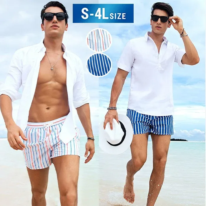 水着 メンズ サーフパンツ ストライプ ホワイト ブルー 海パン ビーチパンツ サーフショーツ ボードショーツ S-4L 大きいサイズ プール 海 海水浴 サーフィン サウナ おしゃれ 水陸両用 吸水速乾 耐塩素 uvカット スイムウエア 夏休み 短パン リゾート 速乾 ビーチウエア