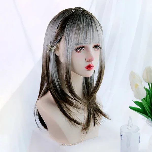 ウィッグ レディース フルウィッグ ロング グラデーション ストレート ぱっつん前髪 前髪あり 可愛い かわいい 大人用 コスプレ ロリータ ゴスロリ コスチューム 原宿風 仮装 超自然 かつら wig Lolita 小顔 文化祭 イベント 学園祭 ハロウィン