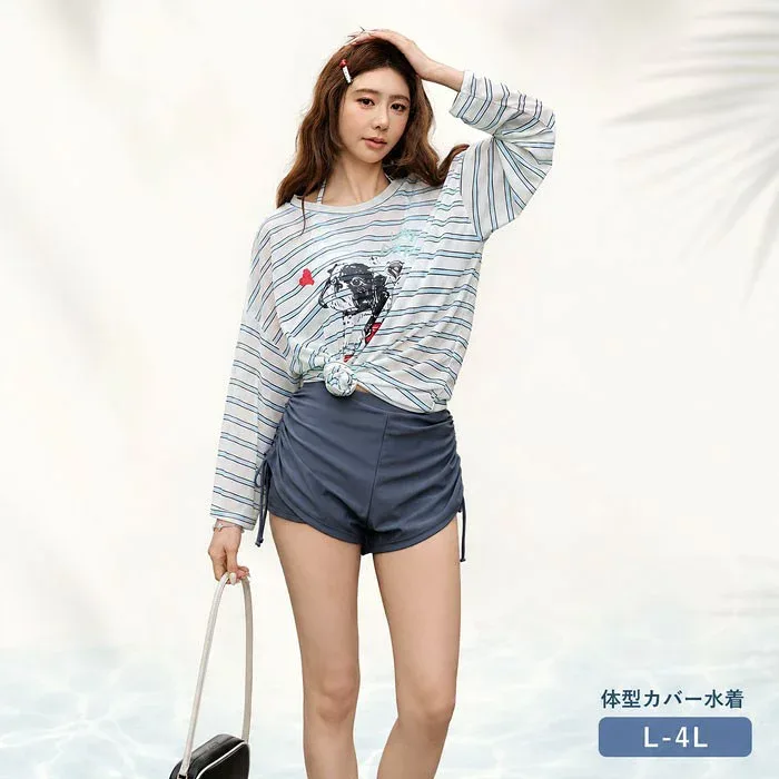 水着 レディース 体型カバー タンキニ 3点セット 長袖Tシャツ付き ラッシュガード風 ハイウエスト ショートパンツ 大きいサイズ L~4L ぽっちゃり セパレート ボーダー ブルーグレー おしゃれ 可愛い 海プール リゾート mg014m3m3m7