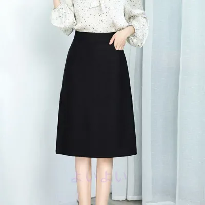 事務服 レディース スカート 63cm丈 膝丈 ウエストゴム ストレッチ ポケット スリム 制服 キュロット ボトム 洗える 通勤 オフィス OL 企業 ユニフォーム 大きいサイズ 小さいサイズ ウォッシャブル 黒