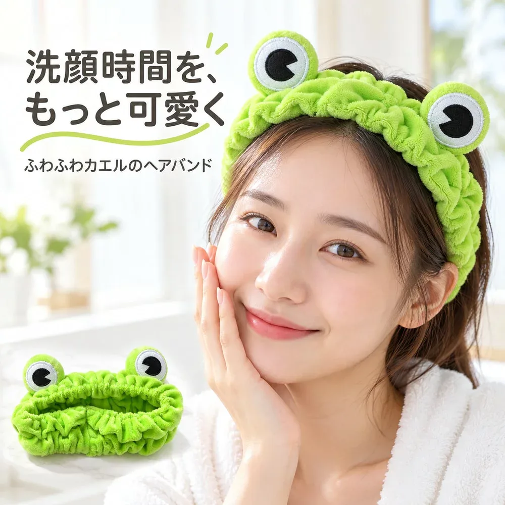 送料無料 ヘアバンド カチューシャ 洗面用 レディース カエル アニマル 目玉 モンスター ヘアターバン タオル地 洗顔 メイク かわいい おしゃれ 女の子 女性 女子 キュート ヘアーバンド 入浴