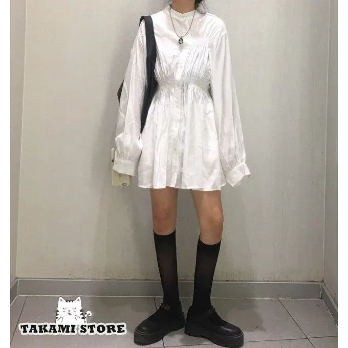 シャツワンピース ワンピース レディース 長袖 春 秋 ミニ丈 黒 白 チュニックワンピース スタンドカラー シンプル ウエストマーク老人の日