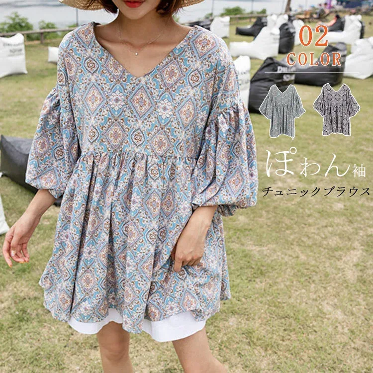 チュニック ブラウス レディース 春 秋 パフスリーブブラウス トップス Tシャツ ロンT 半袖 ダマスク柄パフスリーブブラウス カットソー ボリューム袖 総柄 大きいサイズ ワンピース Vネック ぽわん袖 ダマスク柄 フレア裾 体型カバー 花柄 オフィス 通勤