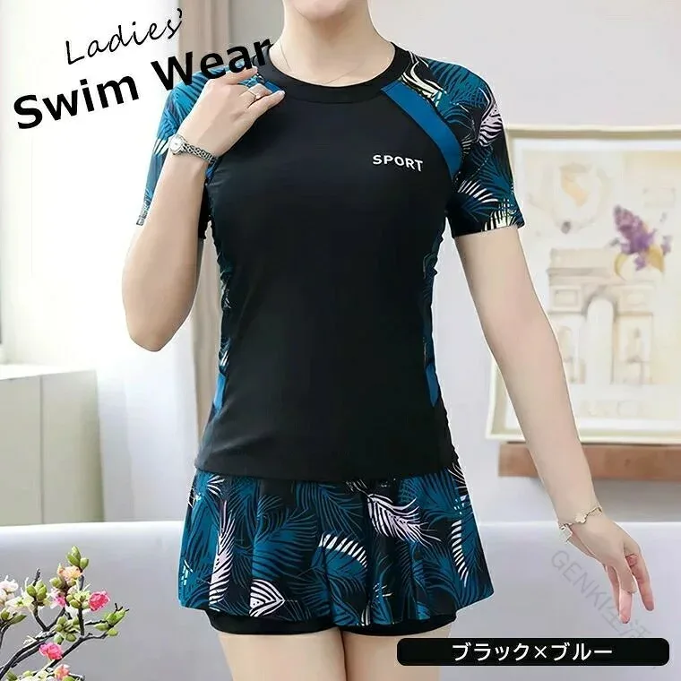 水着セット 上下セット セパレート 半袖 花柄切替 大きいサイズ M 2XL 3XL 4XL 5XL 30代 40代 ママ水着 フィットネス 水中ウォーキング レジャー 海 プール 体型カバー おしゃれ かわいい スポ