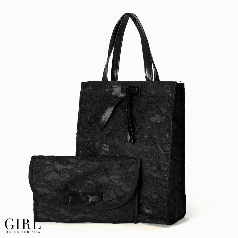 Subbag Tote Foldable Stylish A4 Fukusa Set of 2 with Gusset Formal Bag Women's Black Formal Lace Large Wedding Entrance Ceremony Graduation Ceremony Examination Funeral Black Ceremonial Occasion Bag Formal Wake Funeral Bag Mourning Bag Cloth