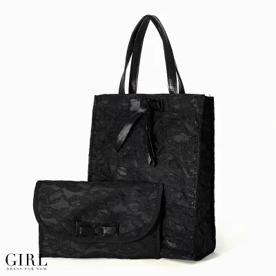 Subbag Tote Foldable Stylish A4 Fukusa Set of 2 with Gusset Formal Bag Women's Black Formal Lace Large Wedding Entrance Ceremony Graduation Ceremony Examination Funeral Black Ceremonial Occasion Bag Formal Wake Funeral Bag Mourning Bag Cloth
