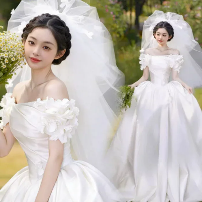 ANGEL ウエディングドレス オフショルダー 花 立体 ドレープ 半袖 背中 編み上げ Aライン ロングドレス ホワイト 白 ロング 無地 ドレス パーティードレス 20代 30代 40代 ウエディング 二次会 謝恩会 可愛い 華やか オシャレ エレガント フォーマル