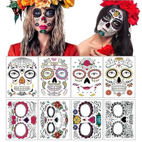 Dream Loom Temporary Face Tattoo, 8 Kits Tattoos Sugar Skull Stickers Day of The Dead Makeup, Face Tattoo Rose Design for Halloween, Masquerade and Parties