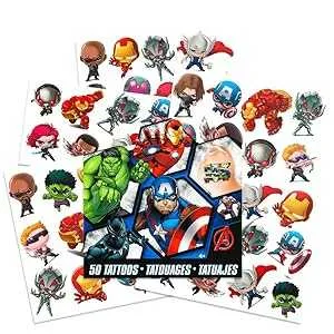Savvi Marvel Avengers Temporary Tattoos - 50 Superhero Tattoos Featuring Iron Man, Thor, Hulk, Captain America and More (Avengers Party Supplies and Favors)
