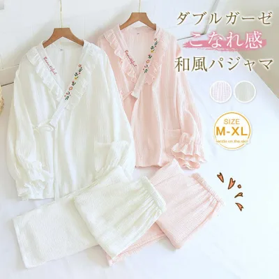 ダブルガーゼ パジャマ ルームウェア レディース 春 秋 長袖 刺繍 綿100% Vネック 前開き 長パンツ 長ズボン 二重ガーゼ コットン100% 上下セット 部屋着 寝巻き 上品 柔らかい 可愛い 快適 ウエストゴム 大人 プレゼント ホテル 旅行 20代 30代 40代 50代