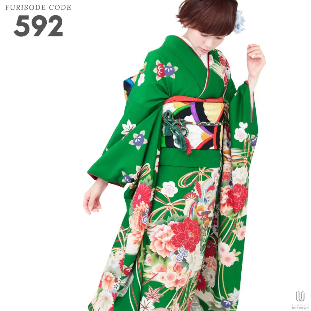振袖 レンタル 成人式 フルセット 花柄 緑 身長153~168cm 前撮り 長期レンタル 帯 長襦袢 草履バッグ 着付け小物付き No.592