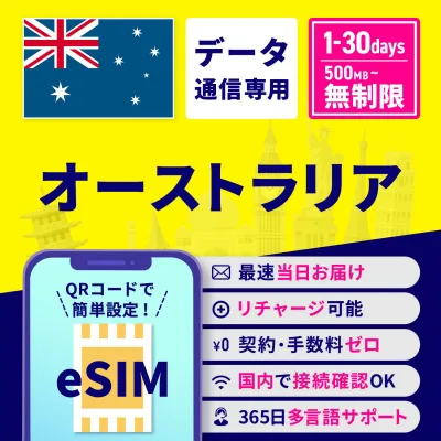 eSIM オーストラリア オーストラリアeSIM オーストラリア用eSIM 無制限 1日間 3日間 5日間 7日間 10日間 15日間 30日間 安心サポート リチャージ可能 高速データ通信 返金保証 テザリング 海外eSIM プリペイドeSIM