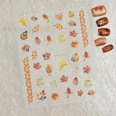 ネイルシール 秋柄 紅葉・落ち葉・松の実・花柄 透明 自己粘着 立体感 (紅葉 03)