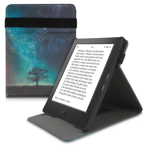 kwmobile Carcasa compatible con Kobo Aura H2O Edition 1 funda - Funda con stand y cinta de mano de cuero sintetico - arbol y estrellas arbol y estrellas 04-22-01