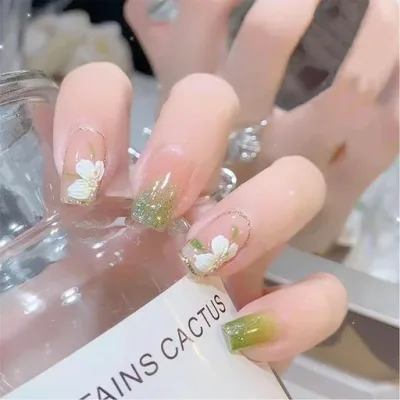 XUZOO ネイルチップ 24枚 付け爪 短め 長め かわいい おしゃれ 人気 花柄 ネイルシール ネイルツール ネイル両面テープ付き (緑の花)