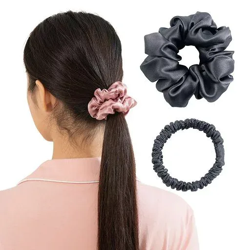 Yimuaya シルク シュシュ 2個セット ヘアゴム 跡がつかない 19匁のシル100% 幅1+3.5cm ヘアシュシュ 静電気防止 髪に優しい 高弾性 髪ゴム 大人 黒 ヘアアクセサリー おしゃれ